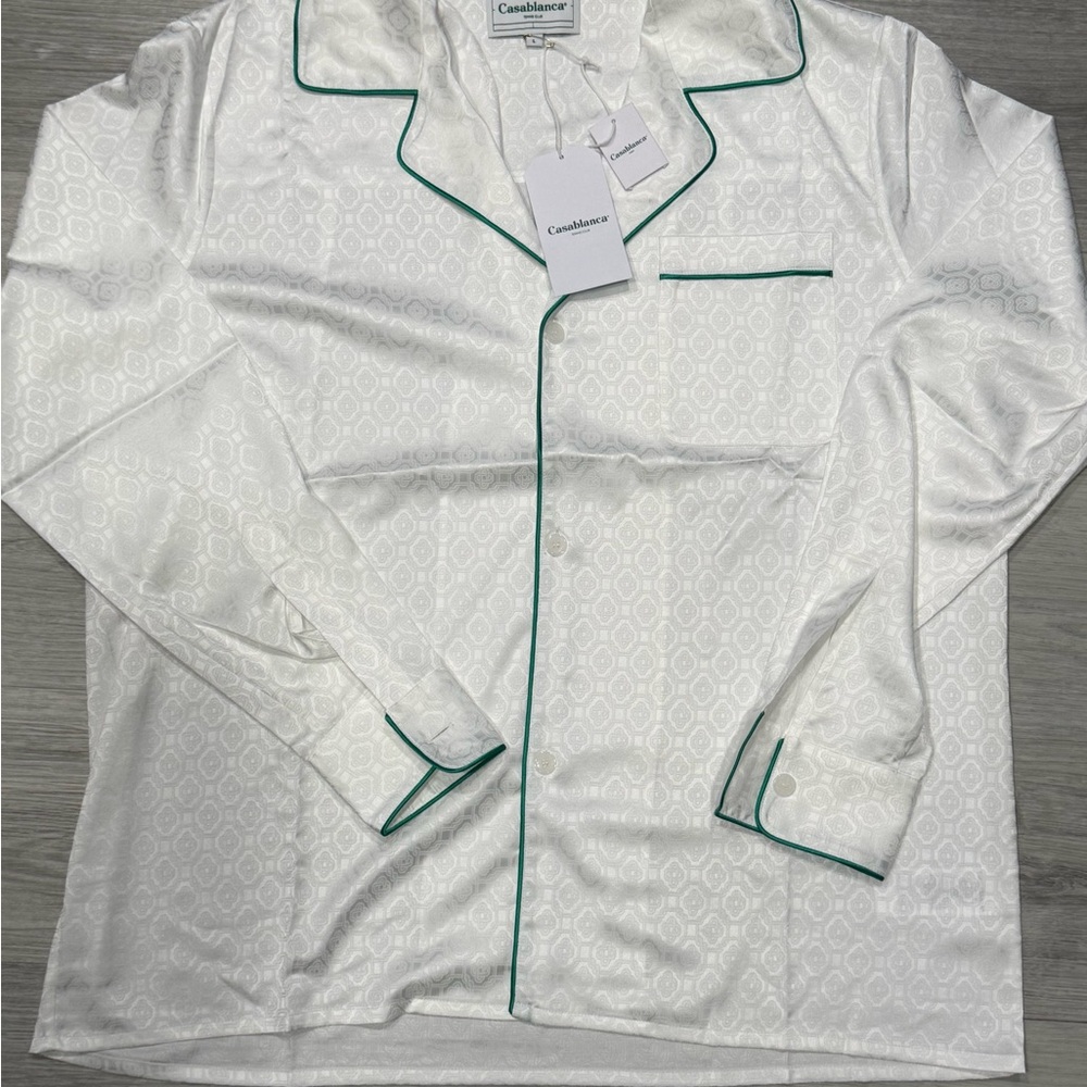 Long sleeve White Silk Shirt with Green Trim